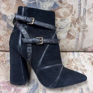 Aldo Black Suede Bootie with leather buckle accent